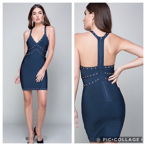 bebe Dresses & Skirts - Bebe Navy Blue Gold Studded T-Back Bandage Dress